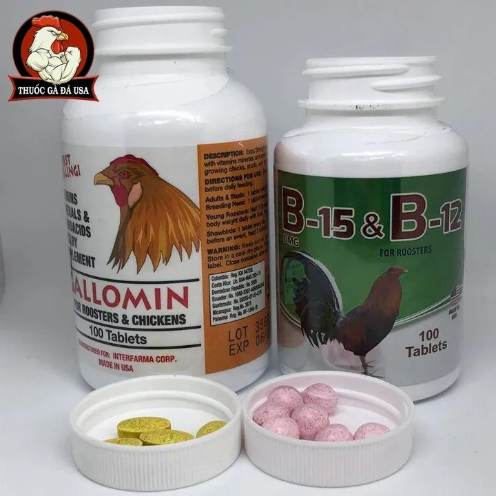 COMBO THUỐC NUÔI HIỆU QUẢ GALOMIN + B15 B12 CHO GÀ ĐÁ - 2 HỦ ZIN 100 VIÊN